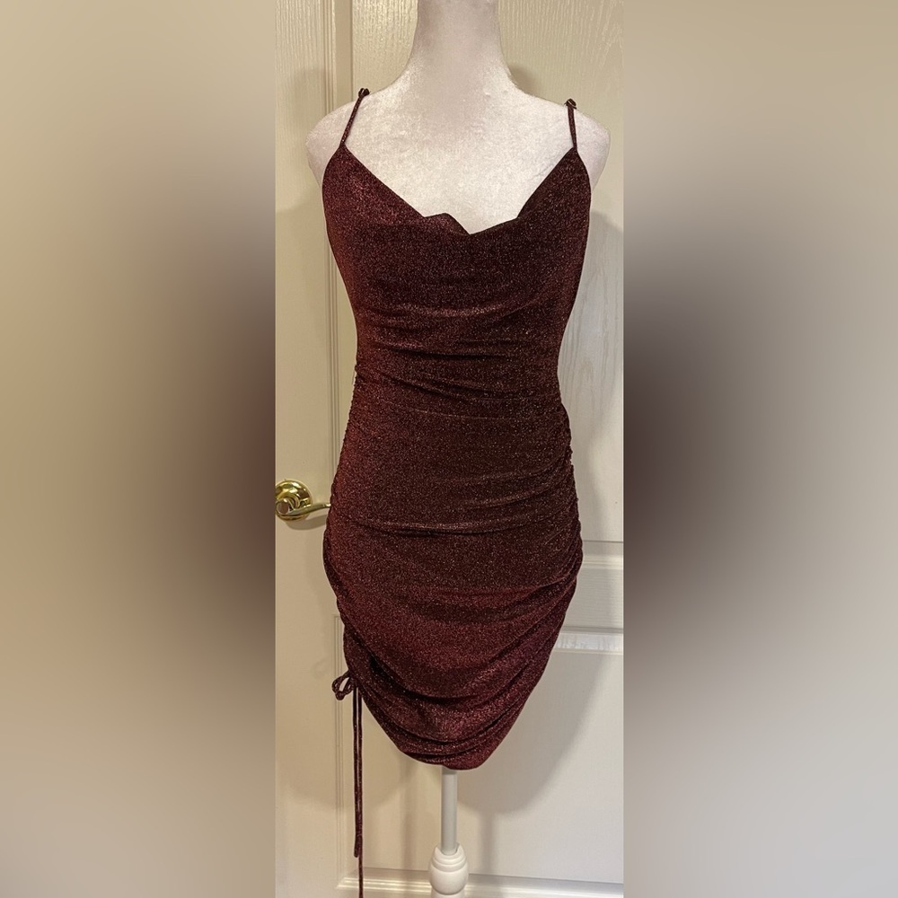 NWOT Blue blush red sparkle cowl neck ruched side dress​​​​​​